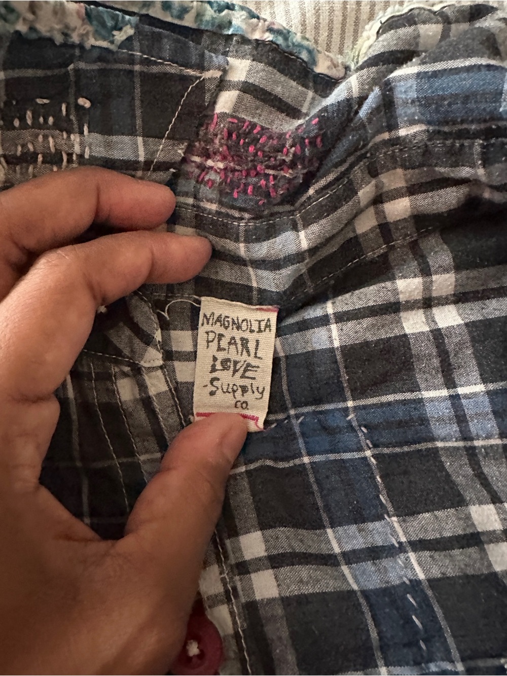 Magnolia Pearl Blue Plaid Patchwork Button-Down Shirt - Picture 3 of 6